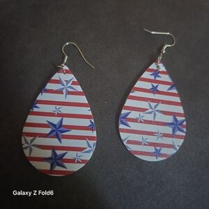 ❤️3/$15 Patriotic Earrings with Red Stripes with White  Blue Stars Faux Leather
